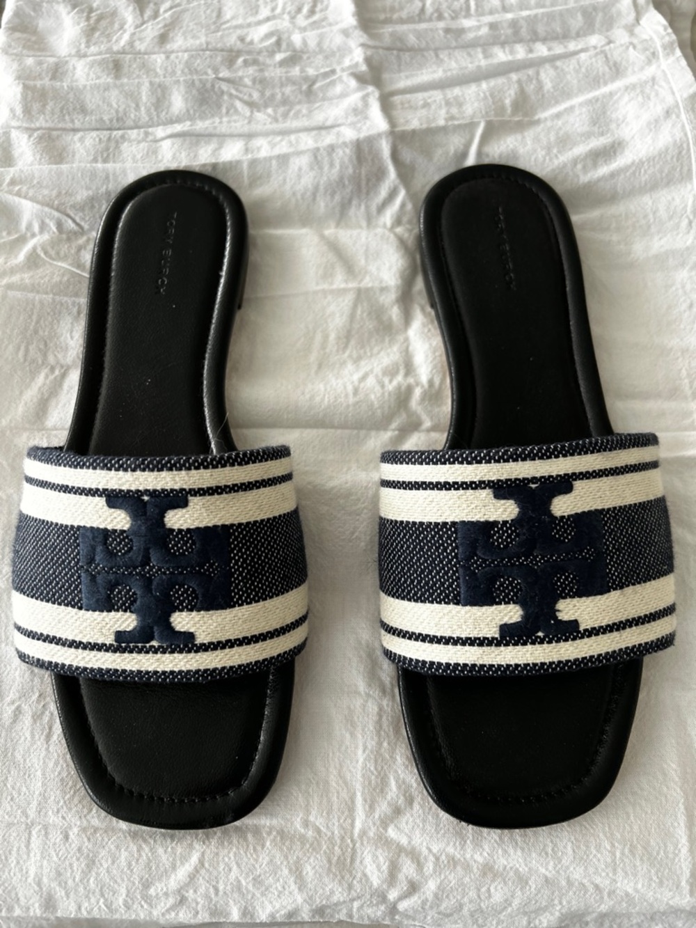 Tory Burch Navy and White Striped Slide Sandals with Double-T Logo